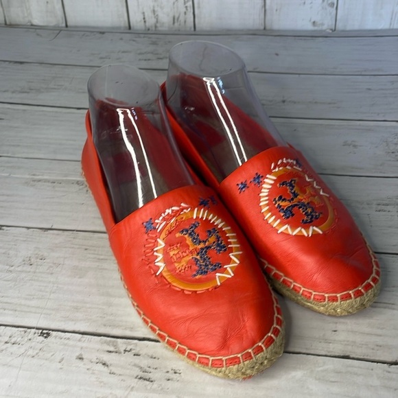 Tory Burch Coral Leather Embroidered Daley Espadrille Flats - Picture 1 of 11